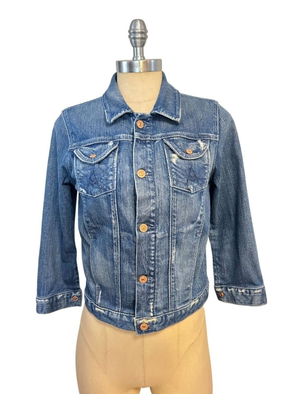 7 For All Mankind Womens Denim Jacket Medium Wash Distressed Button-Up Small